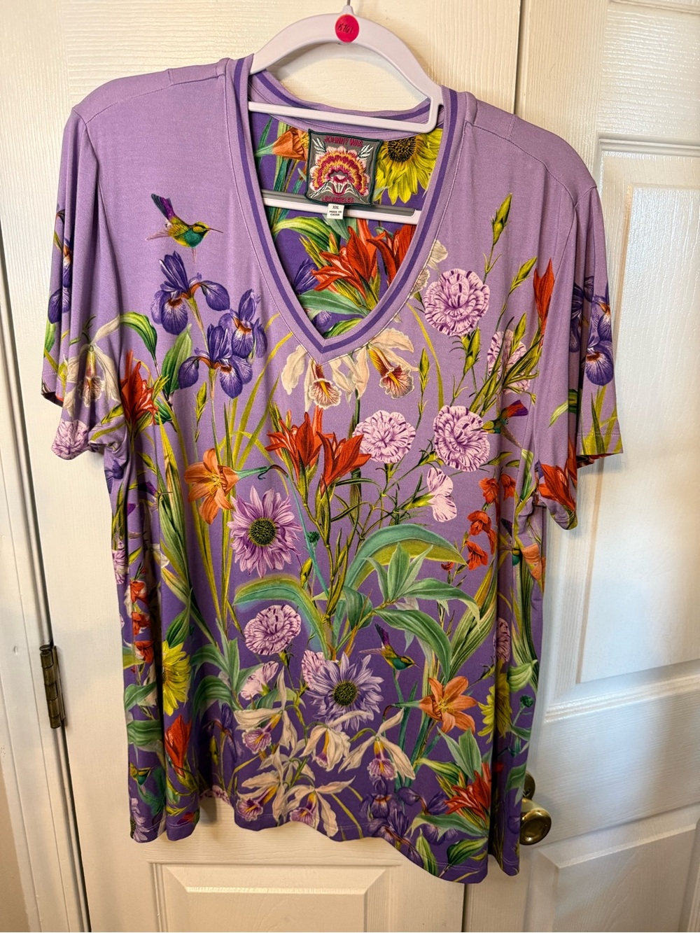 Johnny Was Lavender Floral V‑Neck Short Sleeve Tee